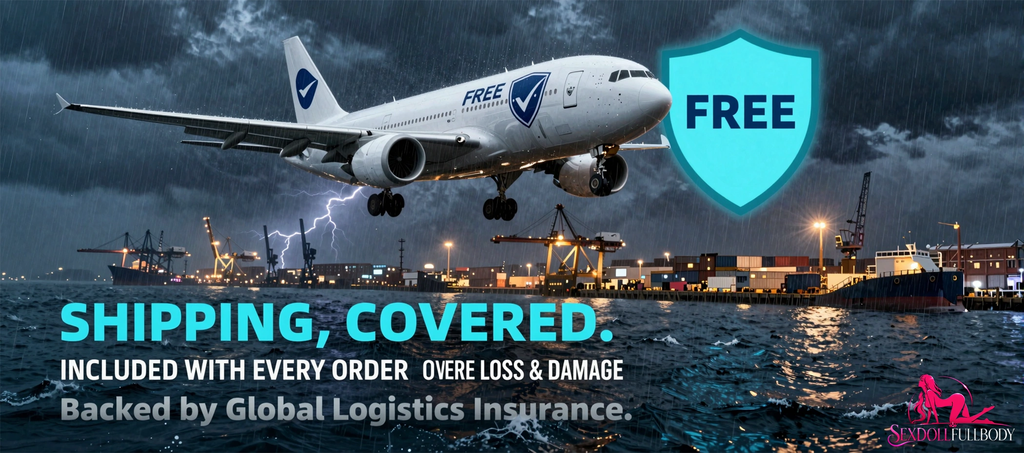real sex dolls global shipping protection banner highlighting insured delivery, secure logistics, and worldwide order coverage
