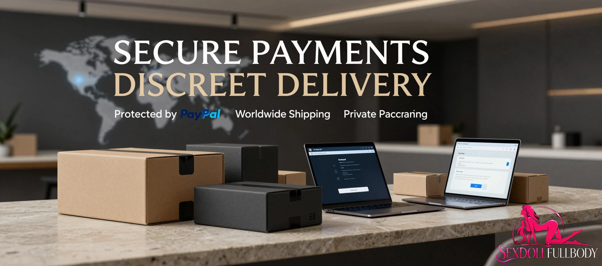 Real Sex Dolls secure payment and discreet shipping banner featuring private packaging, PayPal checkout, and worldwide delivery