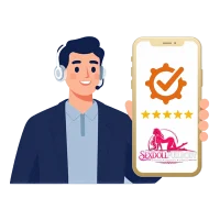 customer support agent holding smartphone showing rating stars and sexdollfullbody brand confirmation screen