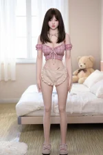 full body sex doll seated near bedroom window with natural daylight illuminating interior composition and soft pastel outfit portrait